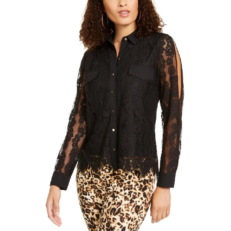 Thalia Sodi Women's Mixed Media Button Up Shirt Black Size Small