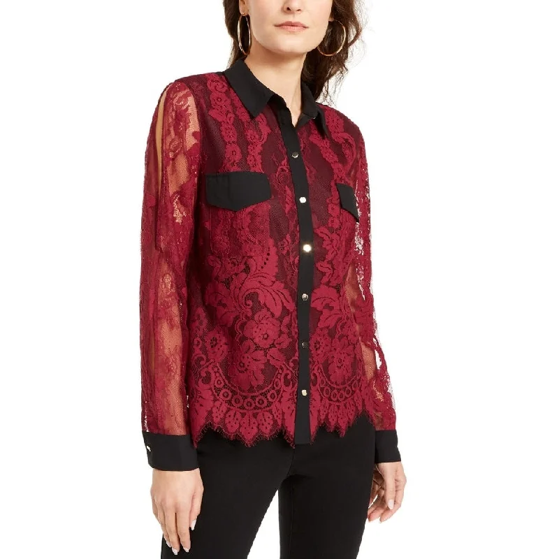 Thalia Sodi Women's Mixed Media Button Up Shirt Red Size Xx-Large