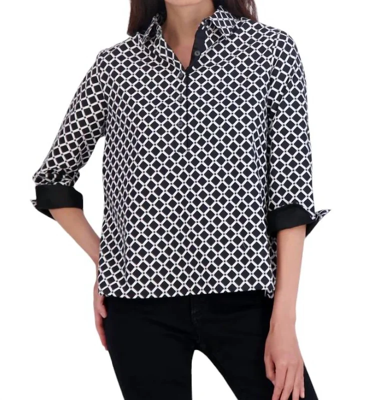 Therese No Iron Diamond Grid Popover Shirt In Black/white