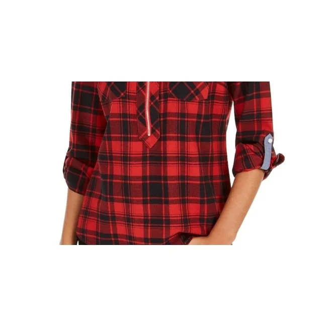 Tommy Hilfiger Women's Cotton Backcountry Plaid Zip Shirt Red Size Small