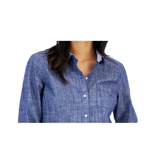 Tommy Hilfiger Women's Cotton Roll Tab Shirt Blue Size X-Small