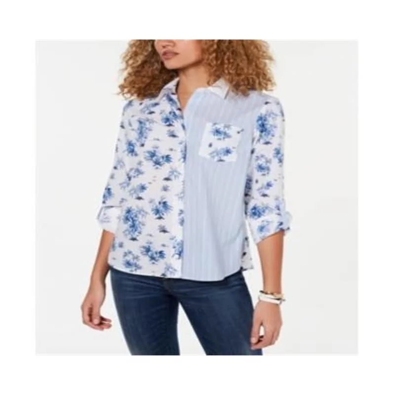 Tommy Hilfiger Women's Double Print Cotton Shirt Blue Size X-Small