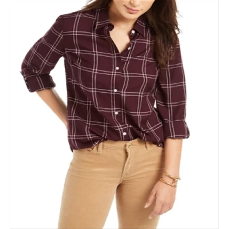 Tommy Hilfiger Women's Windowpane Plaid Roll Tab Shirt Purple Size Large