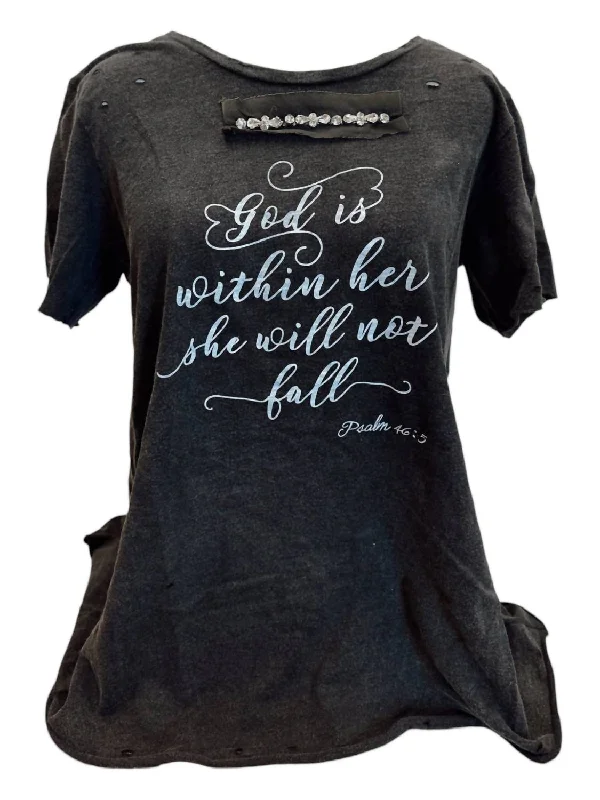 Women's God Is Within Her Distressed Shirt In Black