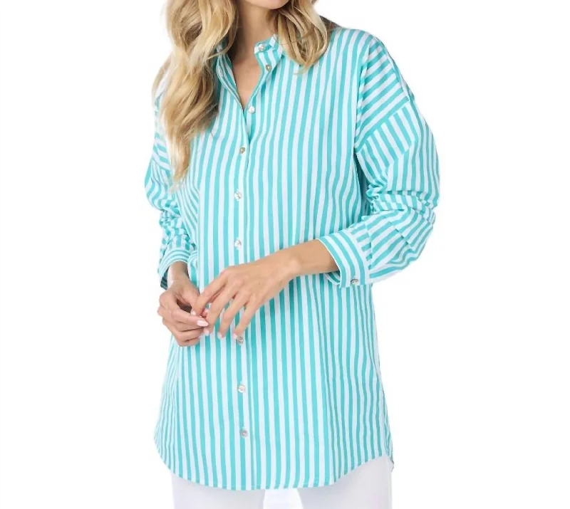 Women's Stripe Button Down Shirt In Off White/pool Blue