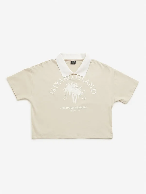 Y&F Kids Beige Text Design Polo Crop T-Shirt