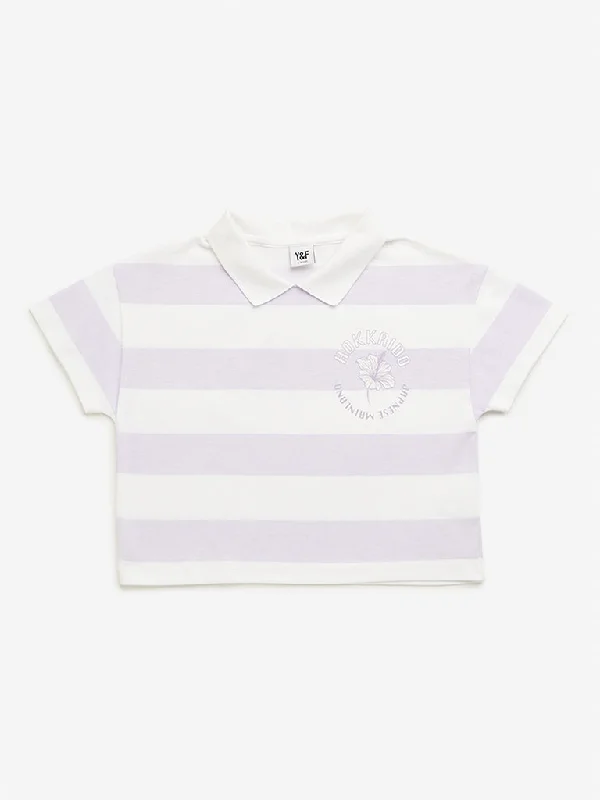 Y&F Kids Lilac Stripes Printed Polo Crop T-Shirt