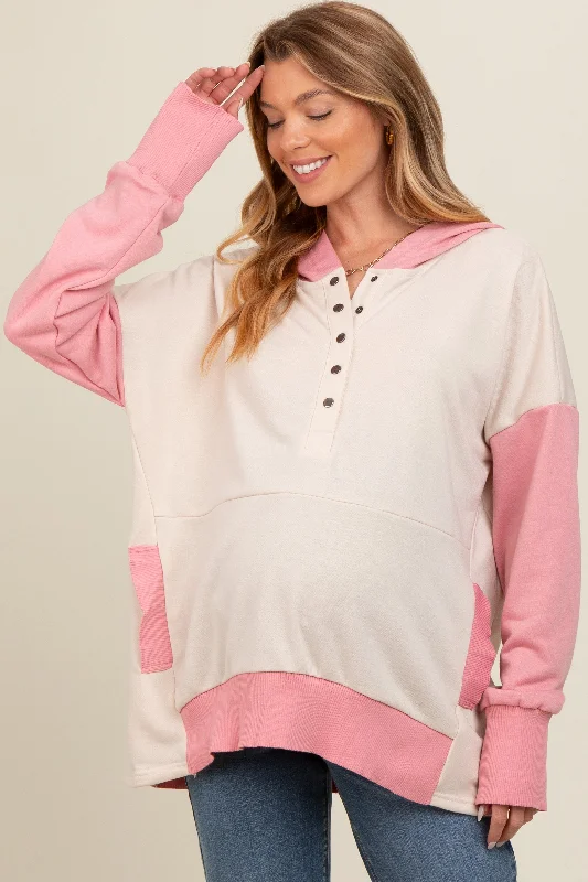 Beige Colorblock Relaxed Fit Maternity Hoodie