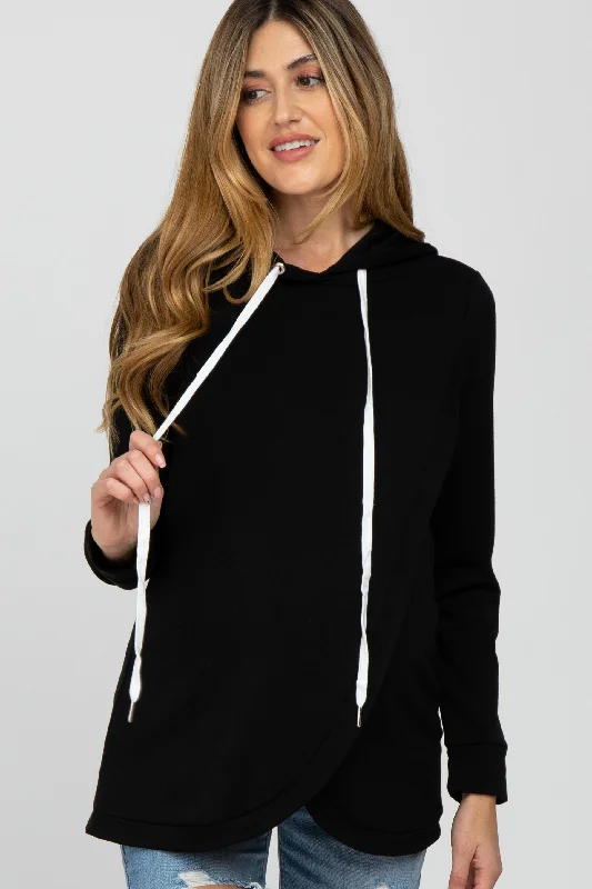 Black Layered Front Maternity/Nursing Fleece Hoodie