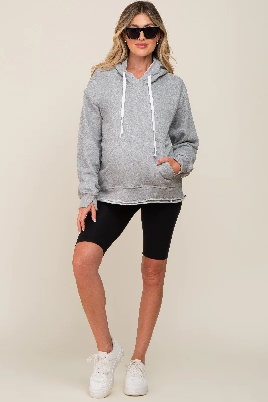 Heather Grey Raw Edge Trim Maternity Drawstring Hoodie