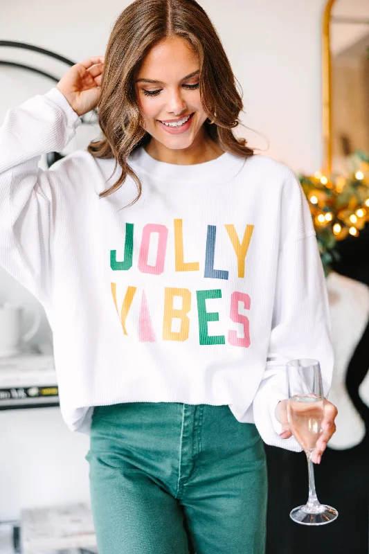 Jolly Vibes Only White Corded Graphic Sweatshirt