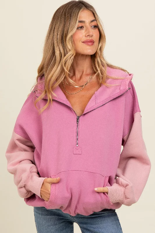 Mauve Colorblock Half Zip Maternity Hoodie