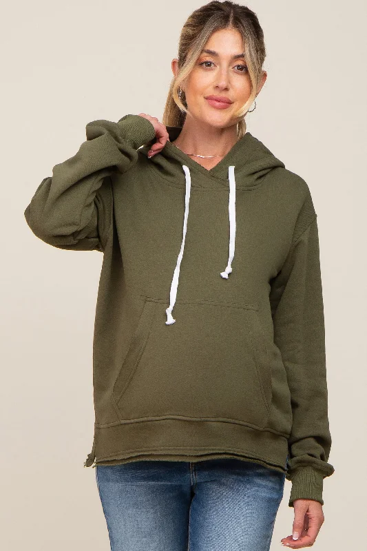 Olive Raw Edge Trim Maternity Drawstring Hoodie