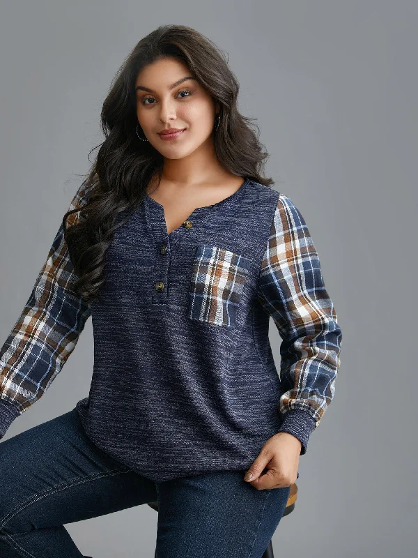 Plaid Sleeve Button Up Patchwork Sweatshirt