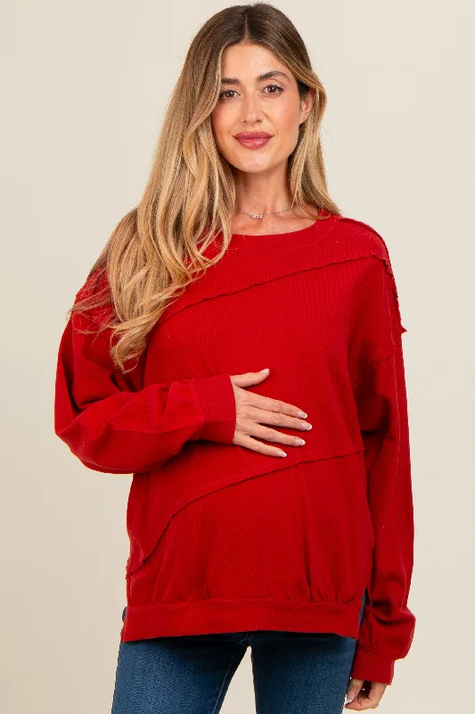 Red Exposed Seam Dolman Sleeve Maternity Sweatshirt