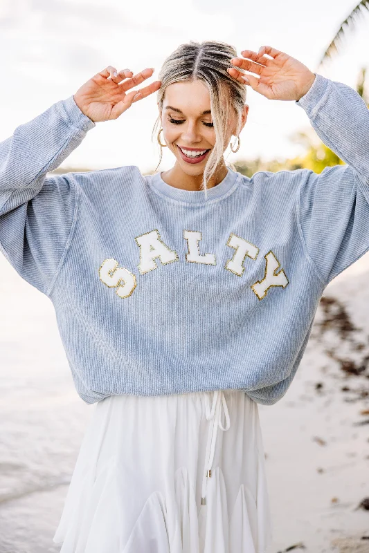 Salty Faded Denim Blue Varsity Corded Sweatshirt