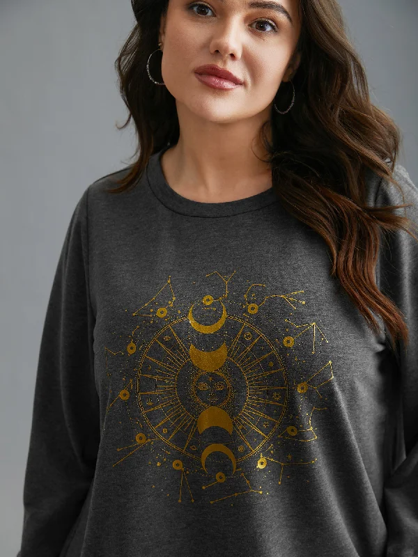 Star & Moon Print Round Neck Sweatshirt