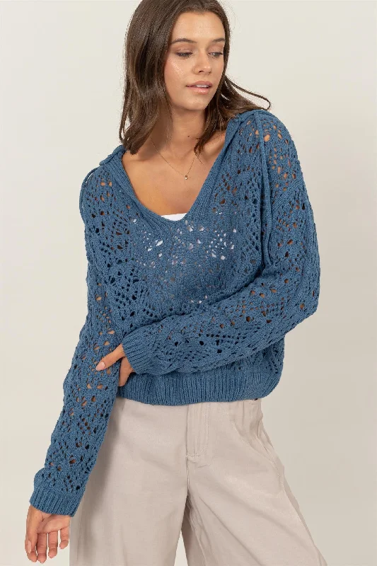 Teal Open-Stitch Hoodie Crochet Sweater