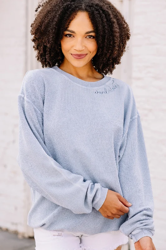 Wanderlust Faded Denim Blue Graphic Corded Sweatshirt