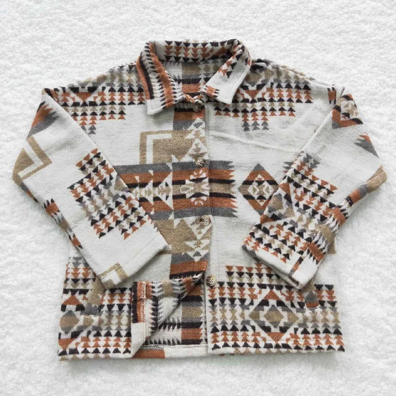 Boy Orange Azstec Geometric Pattern Long Sleeve Polo Shirt BT0279