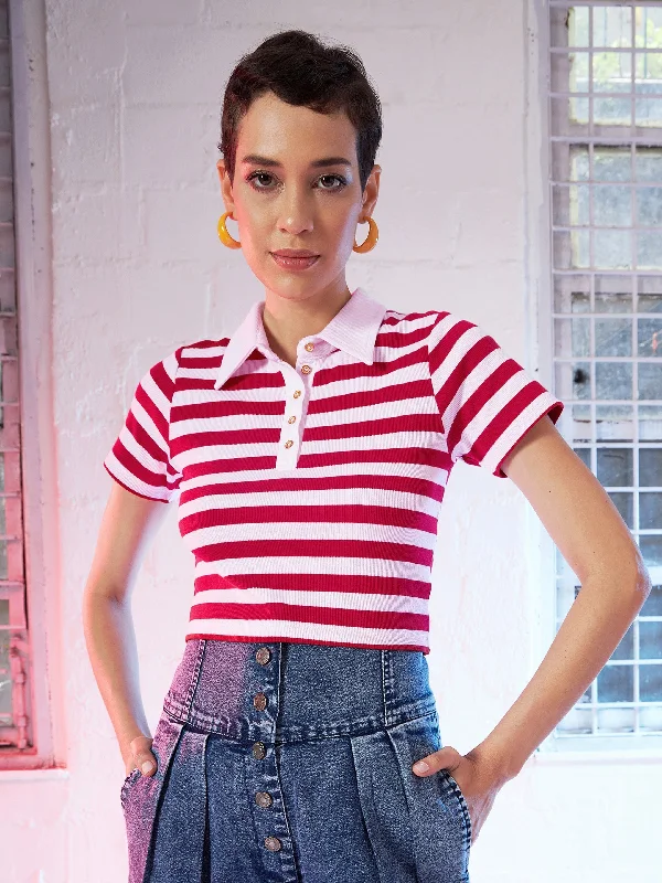 Women Red & Pink Stripes Crop Polo T-Shirt