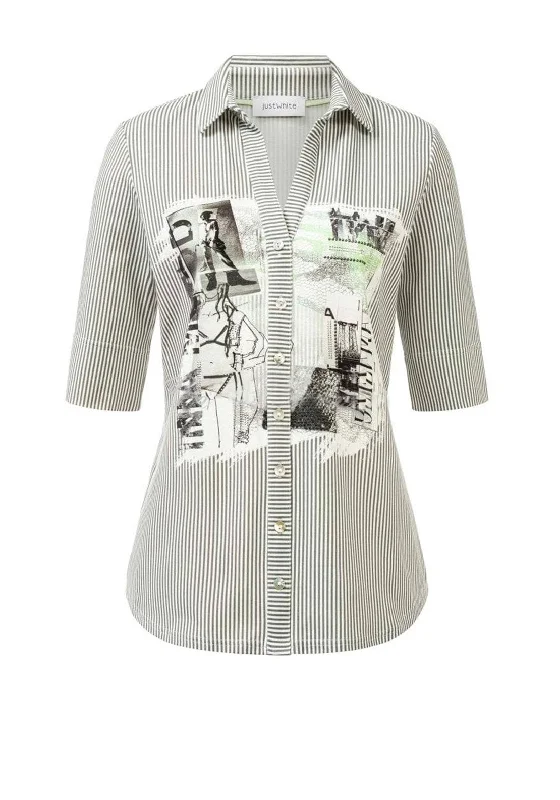 Just White Striped Graphic Polo Shirt, Green Multi