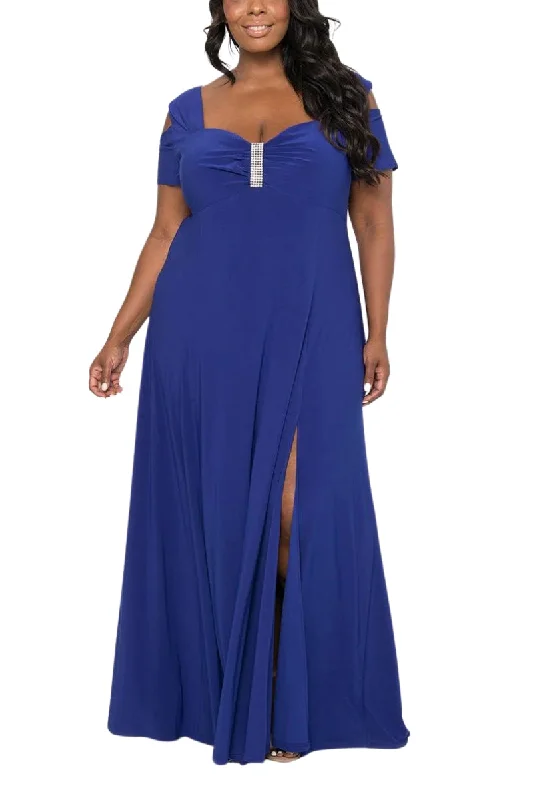 R&M Richards Rhinestone Trim Short Cold Shoulder Sleeve Thigh High Slit Sweetheart Neck Matte Jersey Gown (Plus Size)