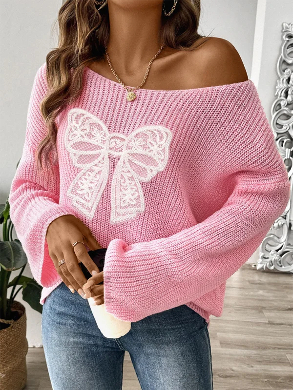 Oversized Pink Sweater with Lace Bow