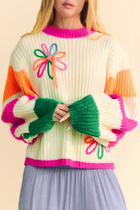 Colorblock Floral Knit Sweater Oversized Jumper