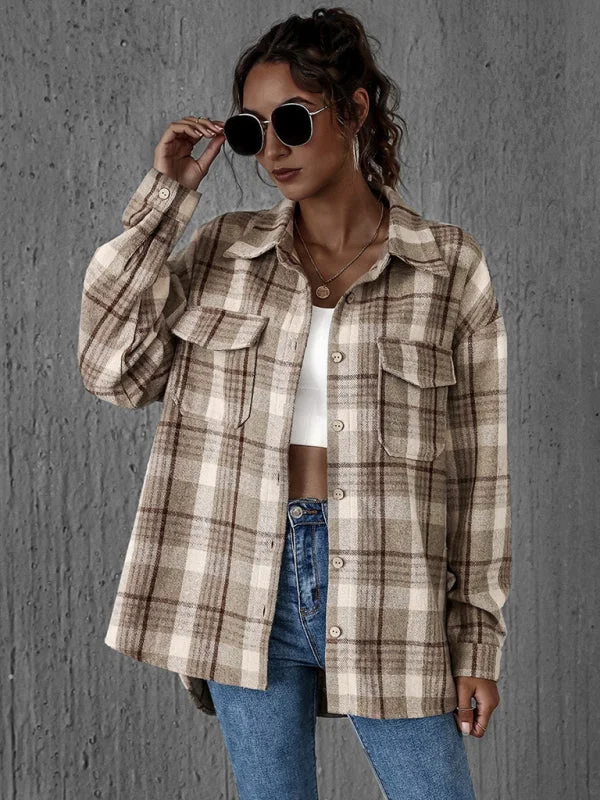 Oversized Casual Warm Tan Plaid Shacket Flannel Shirt Jacket