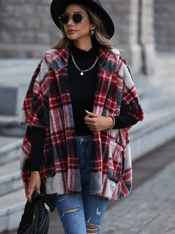 Oversized Cozy Plaid Plush Hooded Poncho Cape