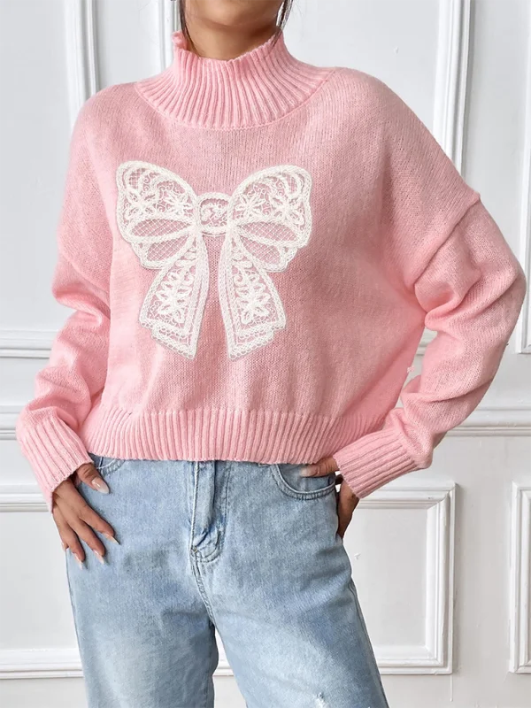 Oversized Pink Sweater with Lace Bow