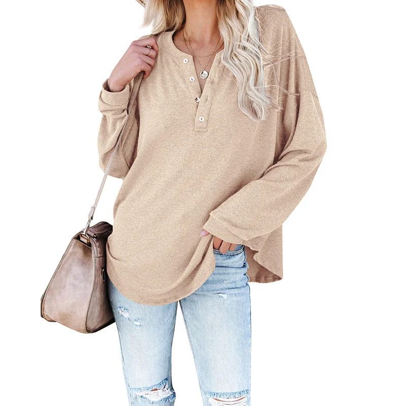 Solid Oversized Drop Shoulder Crew Neck Sweatshirt Pullover with Sporty Half-Button